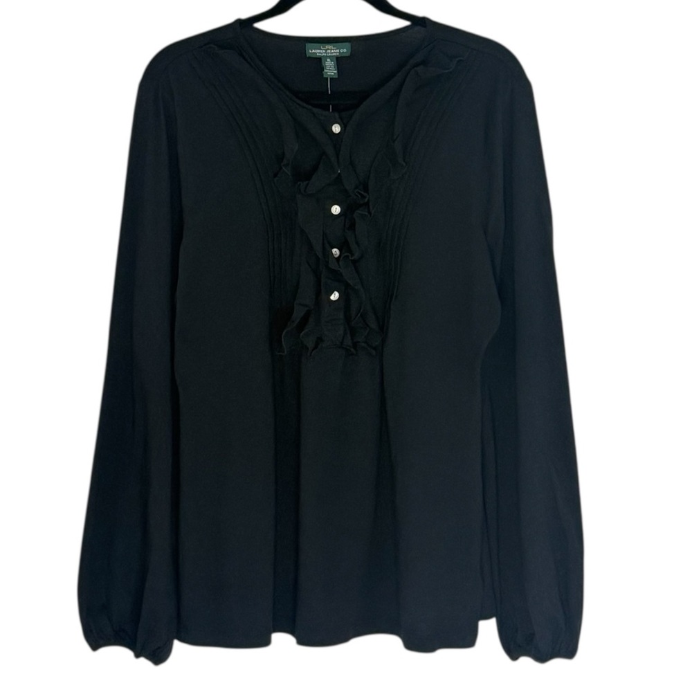 Lauren Ralph Lauren Balloon Sleeve Pin Tuck Ruffle Top Size Preppy Boho XL NEW